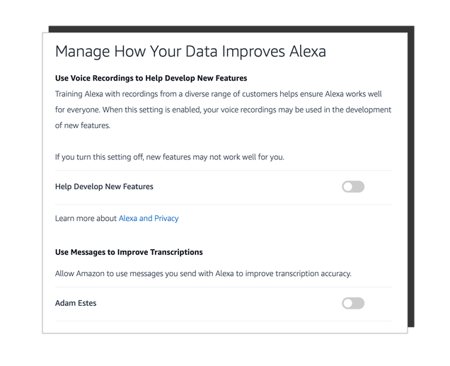 Despite the toggles being off, Amazon is still retaining my Alexa recordings.